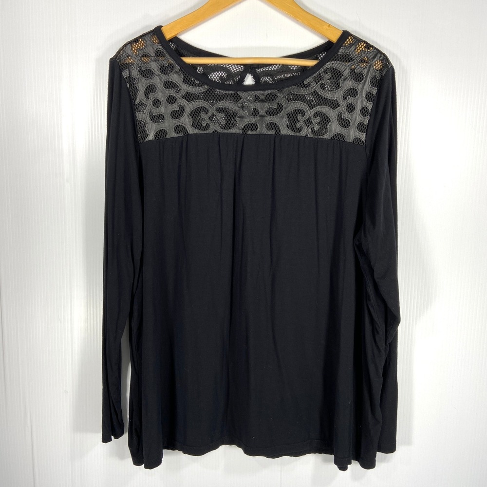 Lane Bryant Black Long Sleeve Shirt Mesh Faux Leather Top Womens Plus 14‎ 16